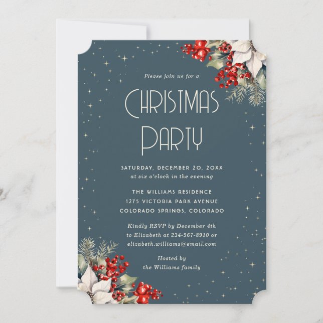 Invitation Poinsettia Red Berries Charcoal Christmas Party (Devant)