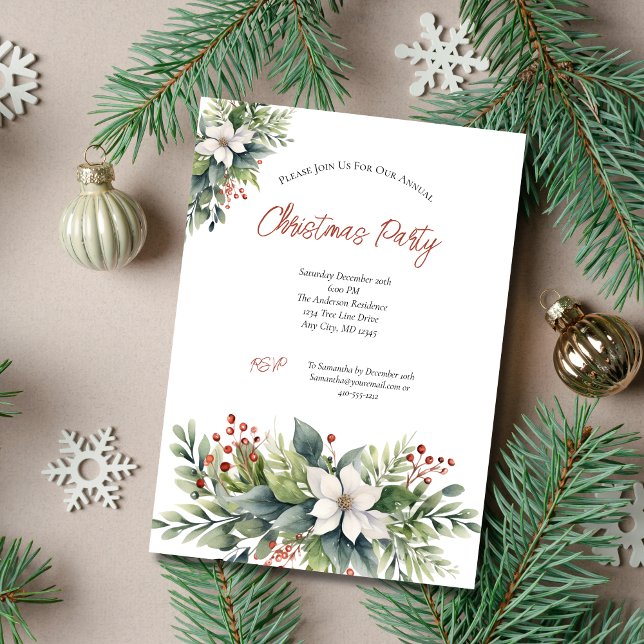 Invitation Poinsettia Red Berries fête de Noël (Poinsettia Greenery Christmas Holiday Party Invitation Printed or Digital Instant Download)