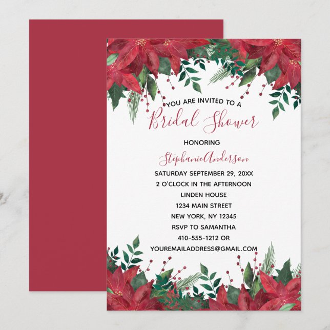 Invitation Poinsettia Red Winter Noël Fête des mariées Invi (Devant / Derrière)