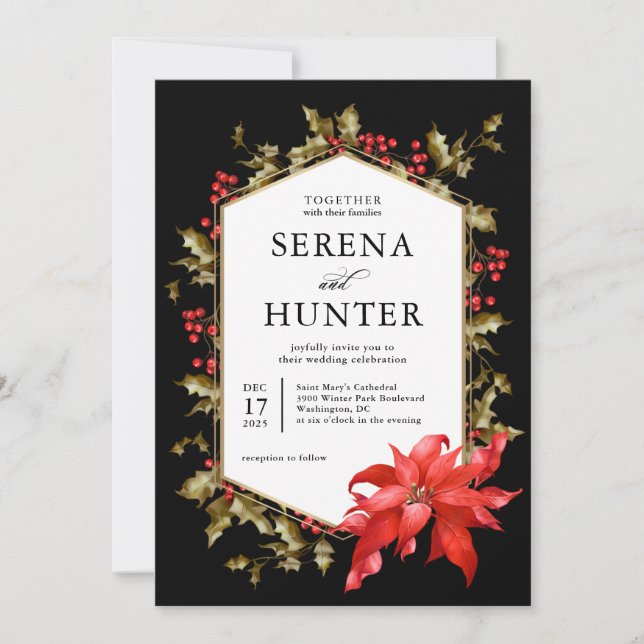 Invitation Poinsettia rouge et houx Mariage d'hiver (Devant)