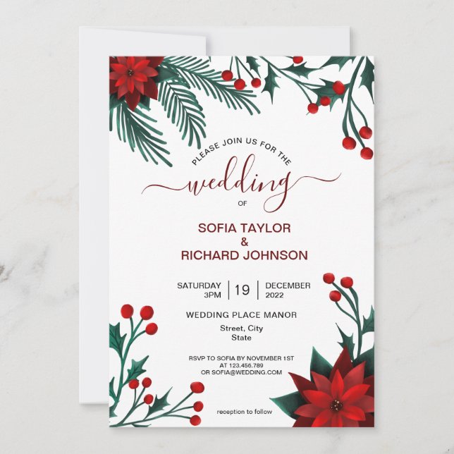 Invitation Poinsettia rouge floral Noël aquarelle mariage (Devant)