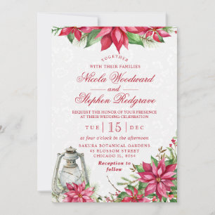 Invitation Poinsettia Rouge & Lanterne Mariage d'Hiver