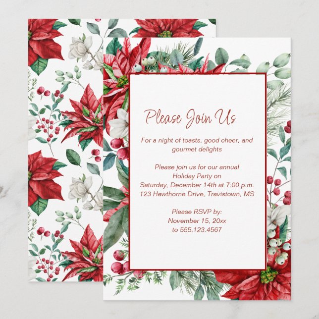 Invitation Poinsettia rouge, Mistletoe, Fête de Noël des baie (Devant / Derrière)