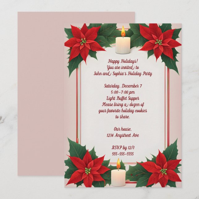 Invitation Poinsettias et fête de Noël à deux bougies (Devant / Derrière)