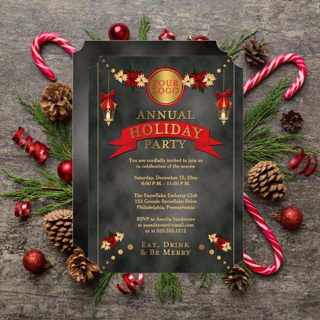 Invitation Poinsettias | Lanternes Fête d'entreprise (Poinsettias Lanterns Corporate Holiday Party Invitation)