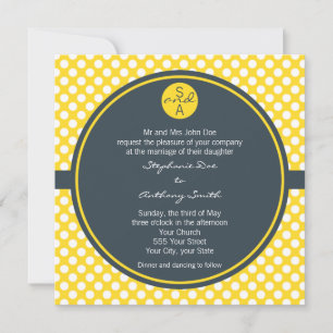 Invitation Point de polka monogramme blanc, jaune et charbon 