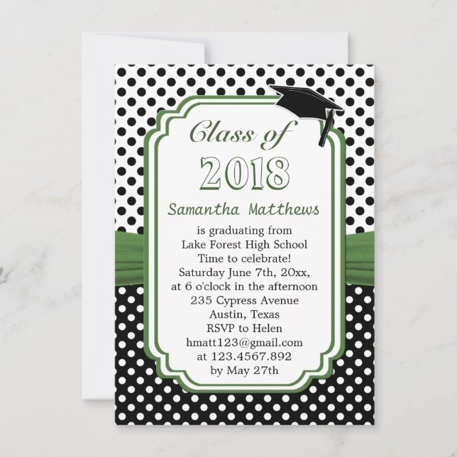 Invitation Point de polka noir blanc, casquette de mortier (Devant)