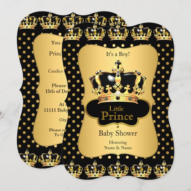 Invitation Point de polka or noir Baby shower Prince (Devant / Derrière)