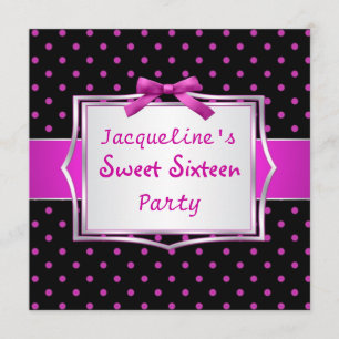 Invitation Pointe Polka noir et rose chaud Sweet 16 Invitatio