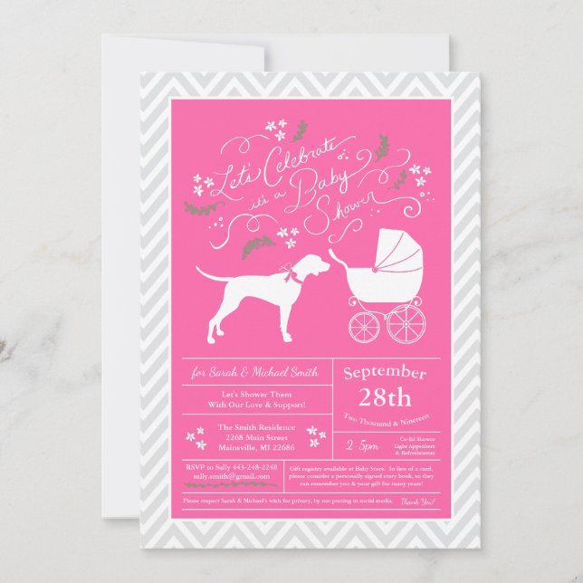 Invitation Pointer Chien Baby shower fille rose (Devant)