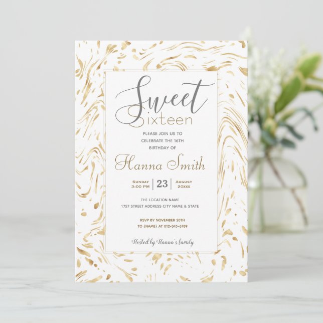 Invitation Points blancs dorés modernes Wavy Lines Design abs (Debout devant)