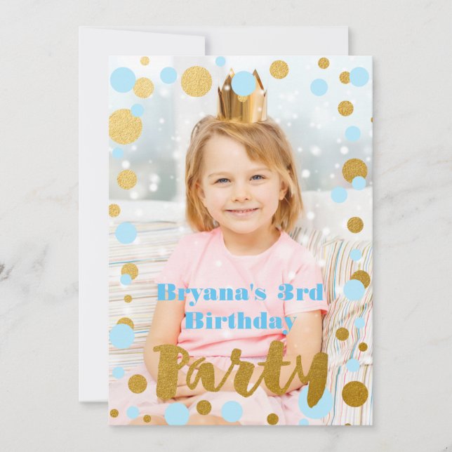 Invitation Points Bleus et Or Anniversaire Fête Photo Invitat (Devant)