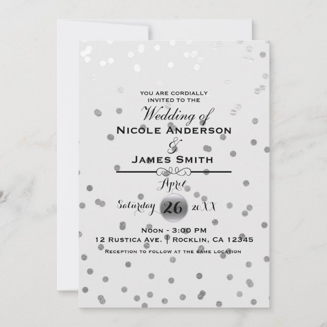 Invitation Points Confetti Argent Blanc Élégant Mariage moder (Devant)