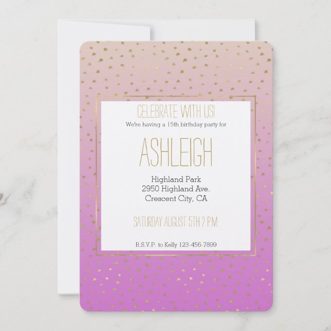 Invitation Points Confetti Ombre Or Peach Rose Anniversaire (Devant)