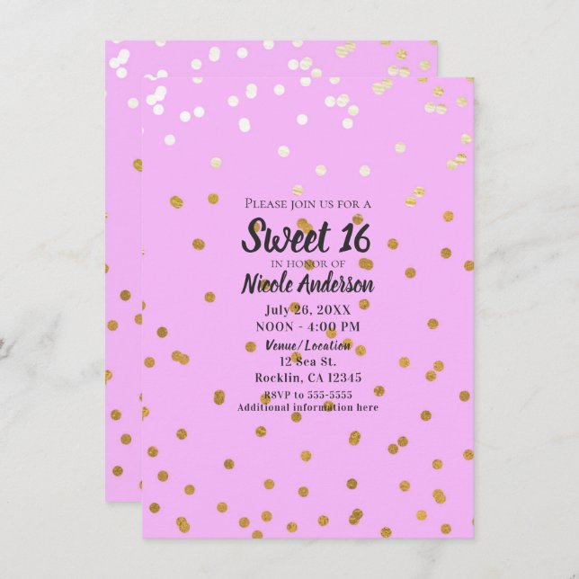 Invitation Points Confetti Rose & Or Moderne Glam Glamor (Devant / Derrière)