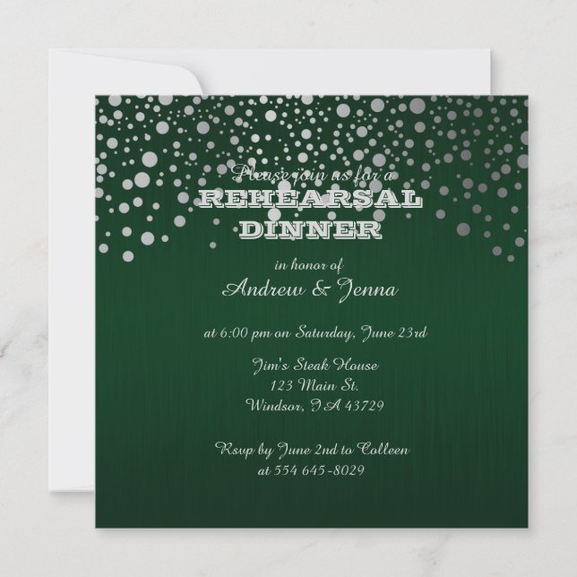 Invitation Points de confettis argent élégants | Vert foncé p (Devant)