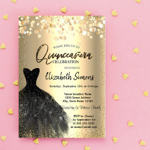 Invitation Points de confettis dorés, Robe noire pour Quincea