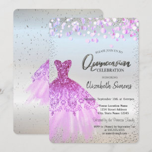Invitation Points de Confettis Violets, Robe Quinceañera Arge