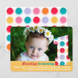 Invitation Points de couleur moderne flou 1er anniversaire Ph