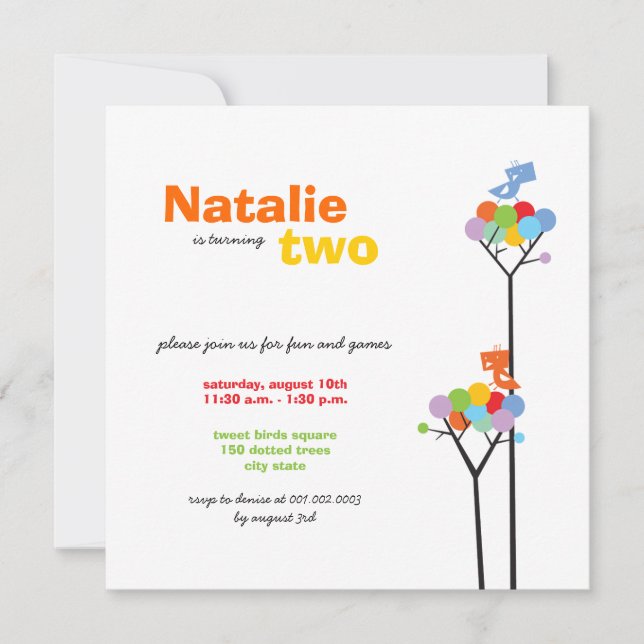 Invitation Points de couleur Whimsical Oiseaux Arbre Enfants  (Devant)