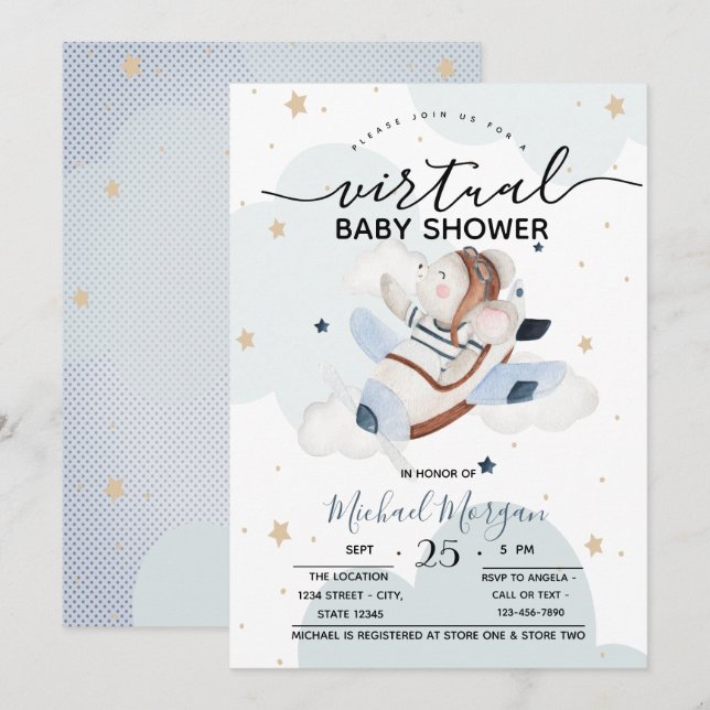 Invitation Points de nuages de souris d'avion Baby shower vir (Devant / Derrière)