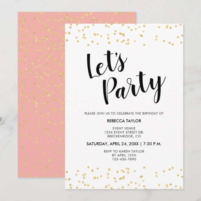 Invitation Points Foil Rose Or Blush Anniversaire (Devant / Derrière)