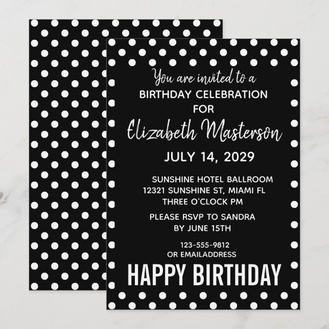 Invitation Points noirs blancs heureux Motif d'anniversaire (Devant / Derrière)