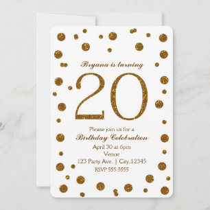 Invitation Points Parties scintillant blanc et or 20e fête d'
