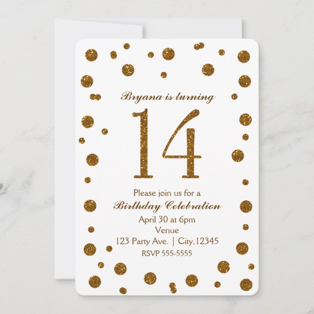 Invitation Points Parties scintillant blanc et or doux 14 Ann (Devant)