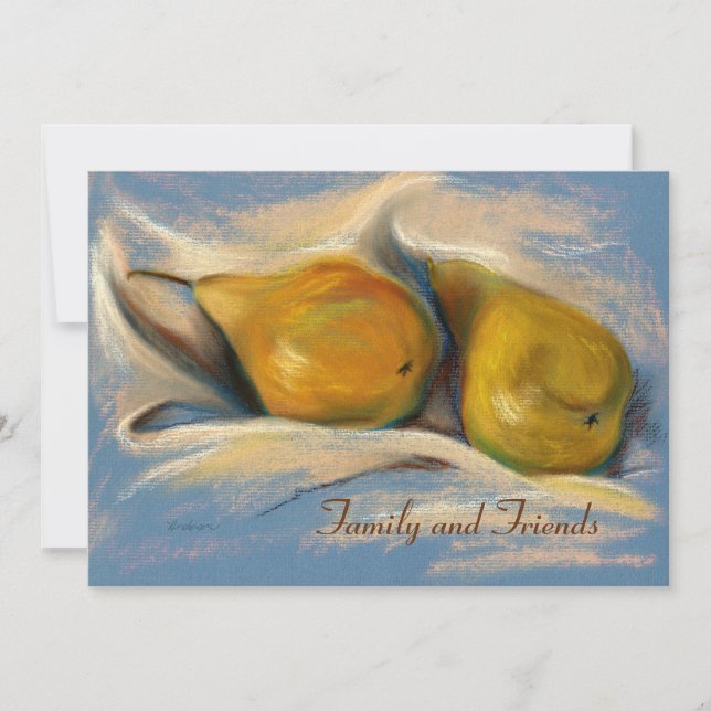 Invitation Poires jaunes sur papier bleu dessin Thankgiving (Devant)