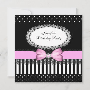Invitation Pois blancs noirs de la partie rose Bow