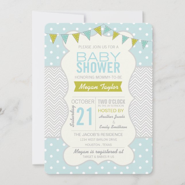 Invitation Pois bleu vert et Baby shower Chevron (Devant)