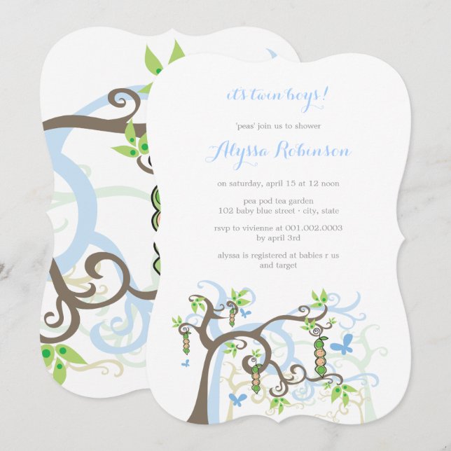 Invitation Pois Bleus Dans Le Baby shower Pod Boy Twins Invit (Devant / Derrière)