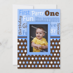 Invitation Pois Bleus du bébé photo du premier anniversaire d