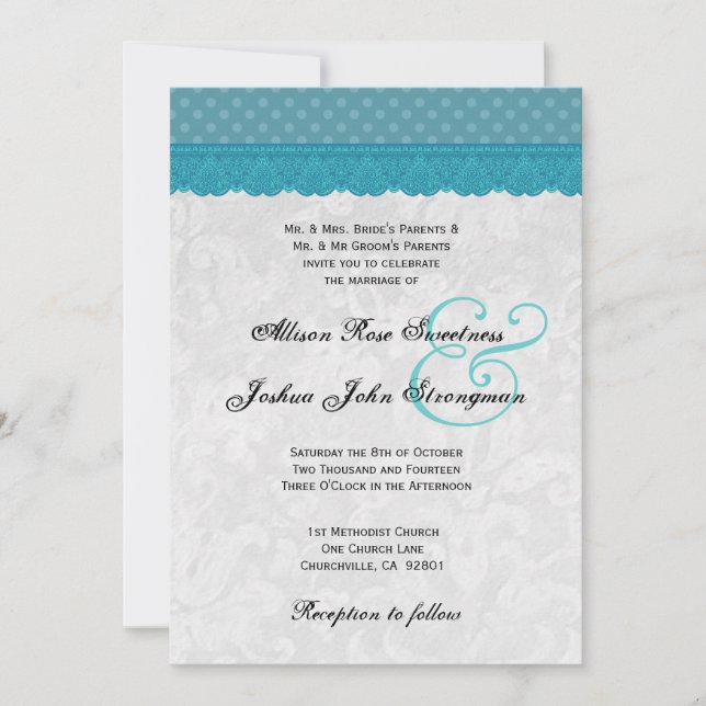 Invitation Pois bleus et Mariage de dentelle V001 (Devant)