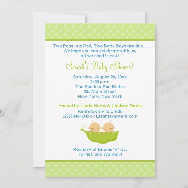 Invitation Pois dans un Pod Twin Boys 5x7 Baby shower Invitat (Devant)