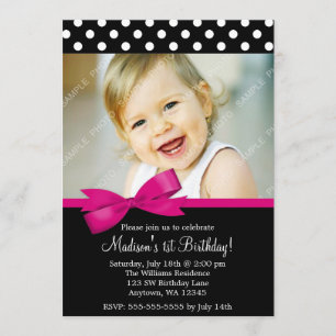 Invitation Pois de Bow rose 1er anniversaire photo de fille