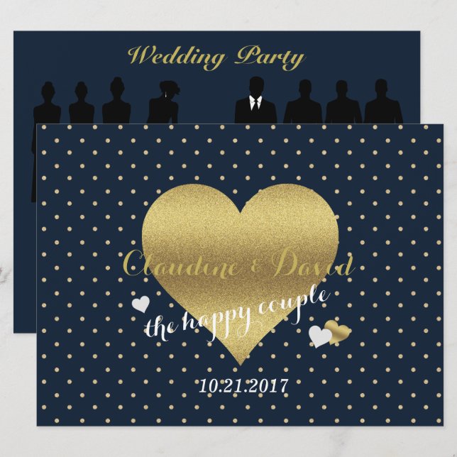 Invitation Pois de mariage bleu et or de la Marine (Devant / Derrière)