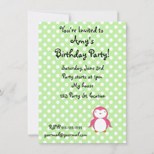 Invitation pois de pingouin rose de nom personnalisé