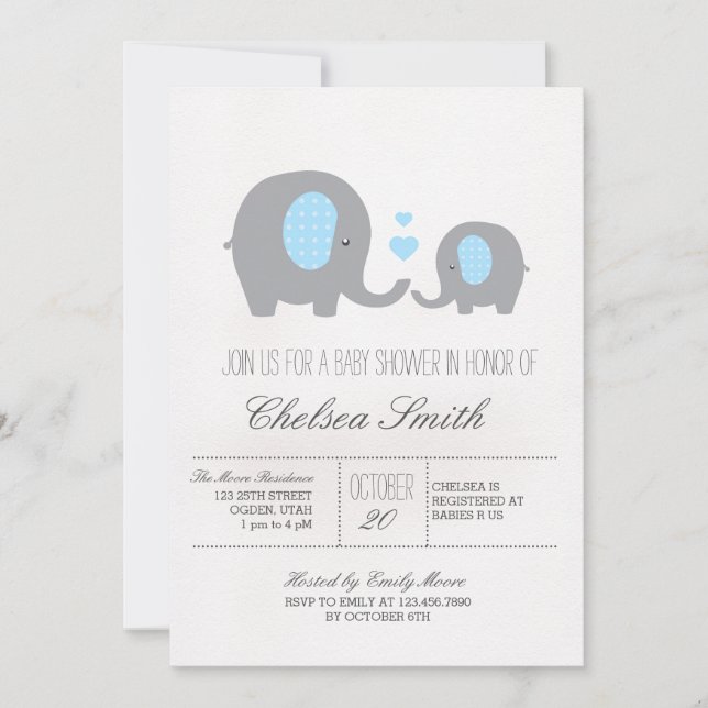 Invitation Pois Elephant Baby shower gris et bleu (Devant)