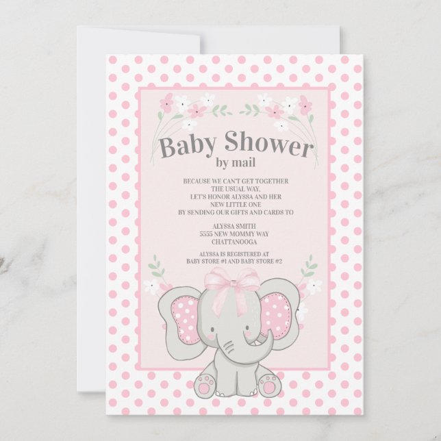 Invitation Pois Eléphant rose mignon Baby shower par courrier (Devant)