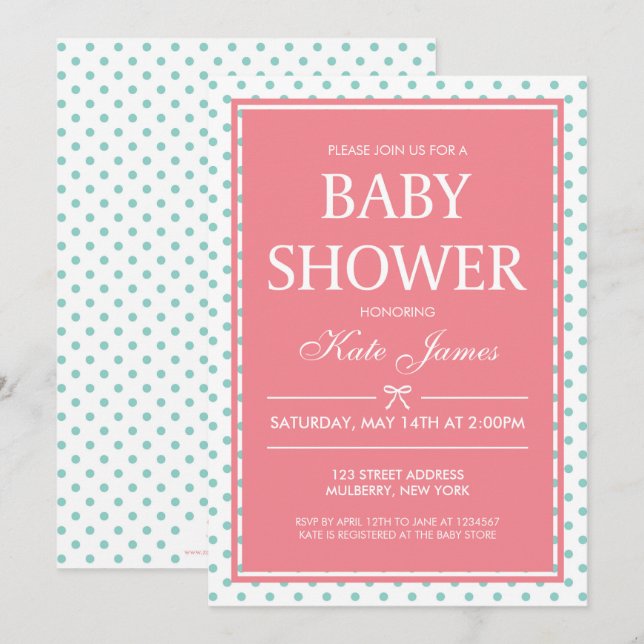 Invitation pois et Baby shower rose ruban (Devant / Derrière)