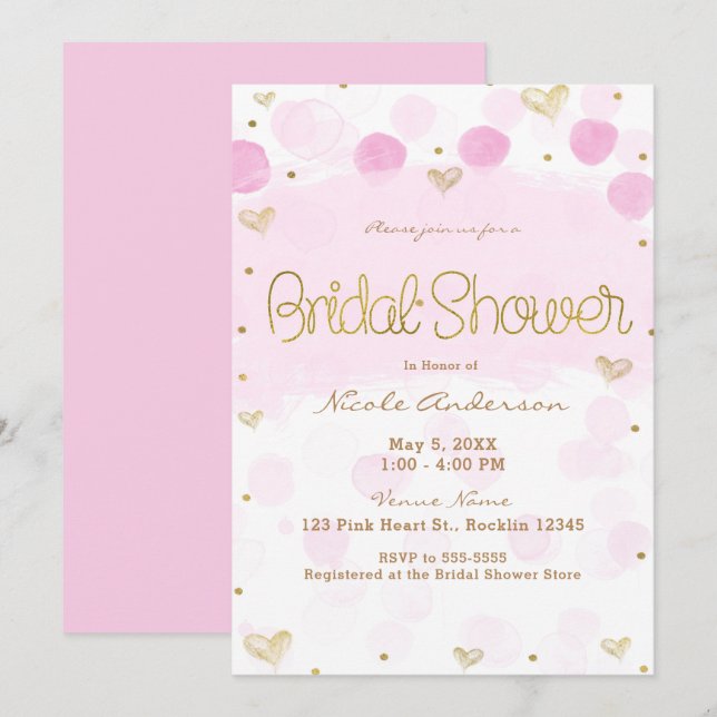 Invitation Pois et Fêtes des mariées de Coeurs en or rose (Devant / Derrière)