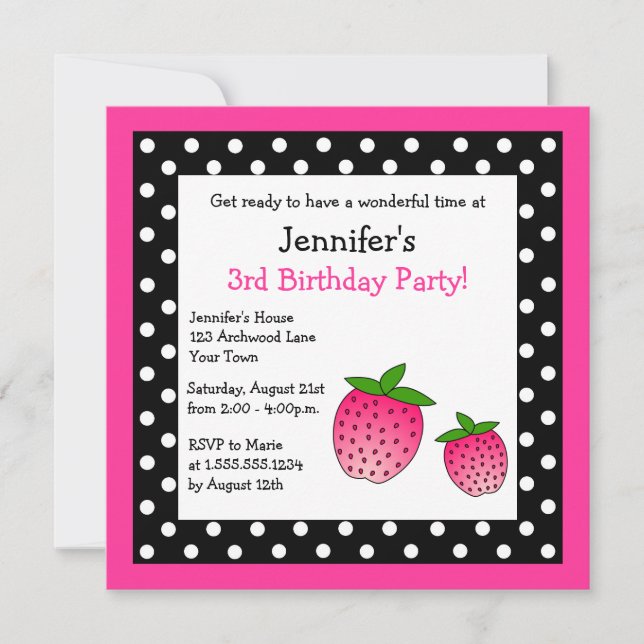 Invitation Pois noir et blanc d'anniversaire rose de fraise (Devant)