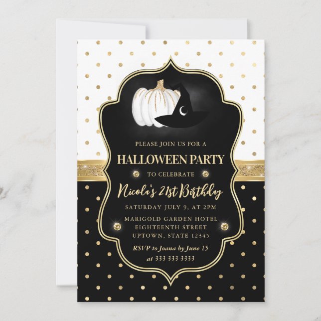 Invitation Pois noirs et blancs Halloween 21e anniversaire (Devant)