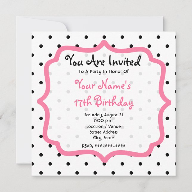 Invitation Pois noirs et fête d'anniversaire du Cupcake rose (Devant)