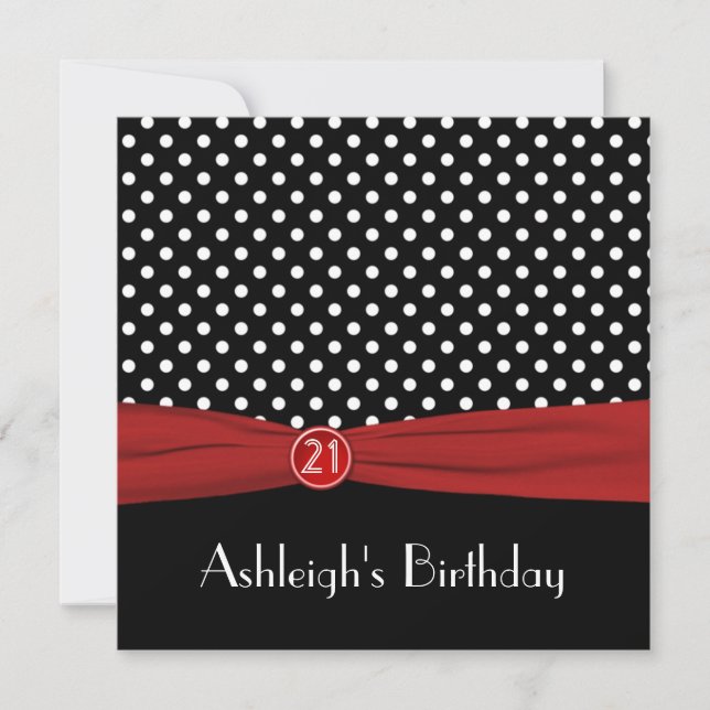 Invitation Pois noirs rouges RIBBON IMPRIMÉS 21e anniversaire (Devant)