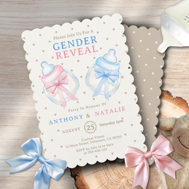 Invitation Pois Pink Blue Bow Milk Bottle Sexe Révélation (Polka Dots Pink Blue Bow Milk Bottle Gender Reveal Invitation )