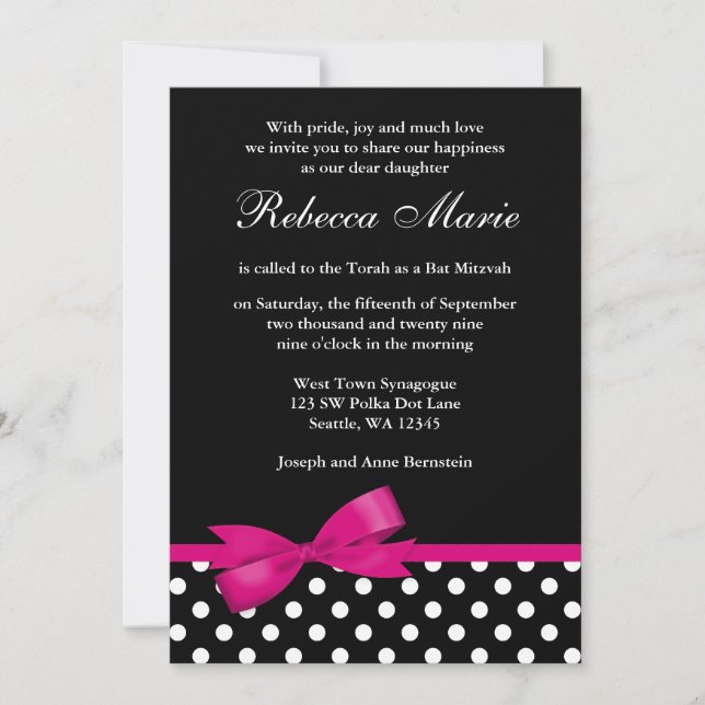 Invitation Pois rose et noir Bat mitzvah Bow (Devant)