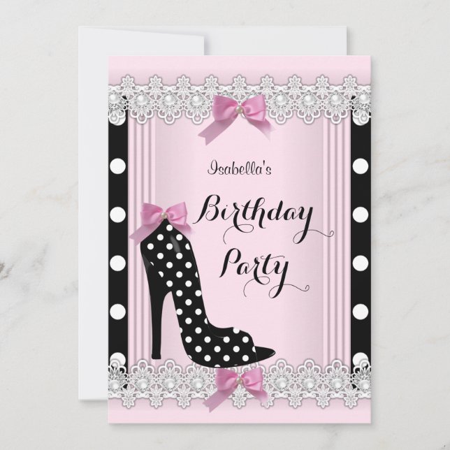 Invitation Pois rose noir haut talon fête d'anniversaire (Devant)